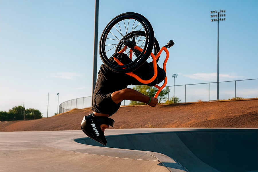 una persona practicando el Wheelchair BMX como deporte extremos que practican personas con discapacidad permanente